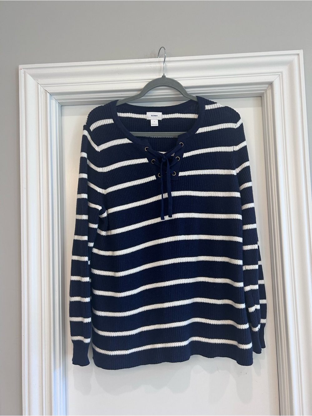 Navy & White Striped Lace-Up Sweater
